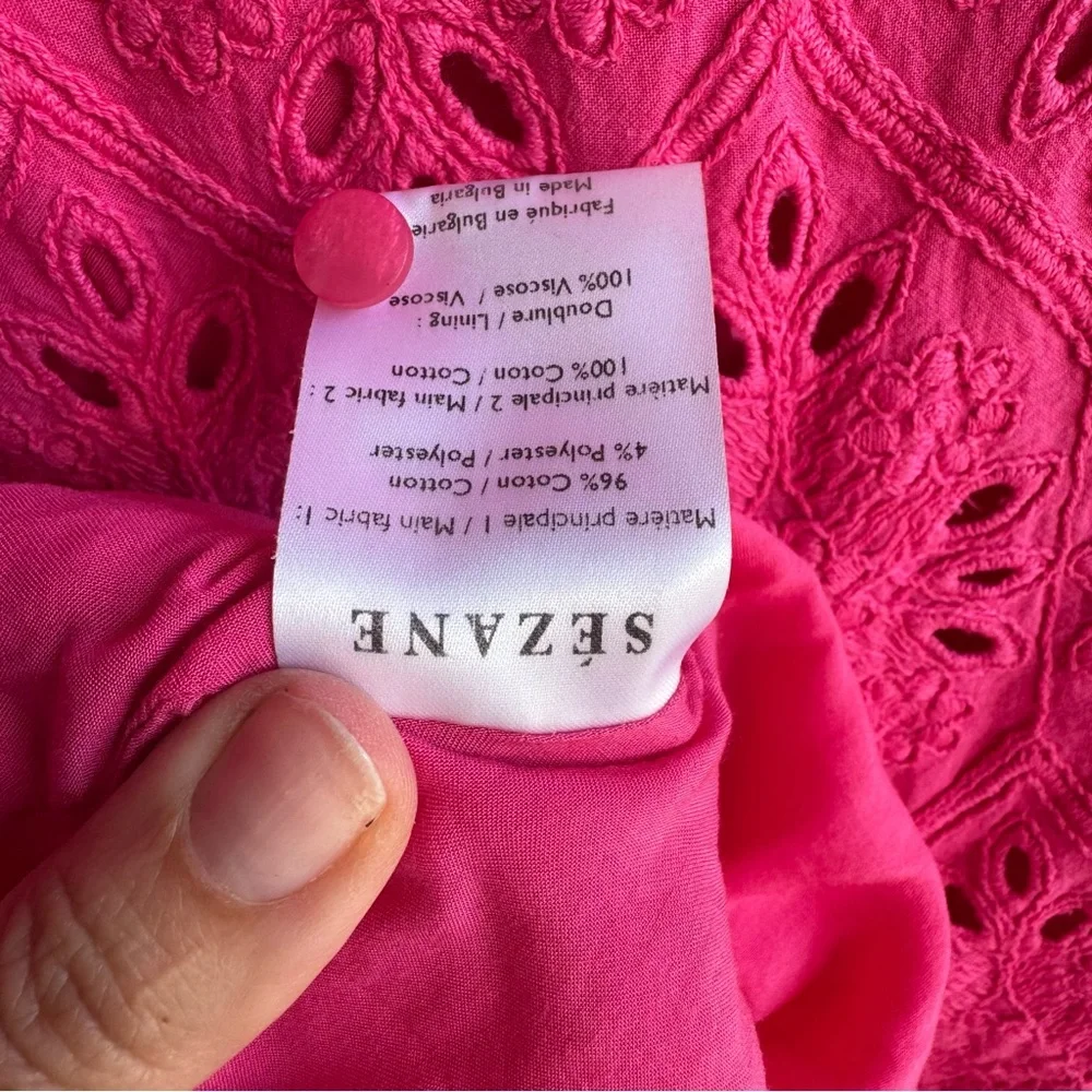 Sezane Sol pink Embroidered Eyelet Button Down Skater Skirt Dress size 8 - Picture 8 of 8